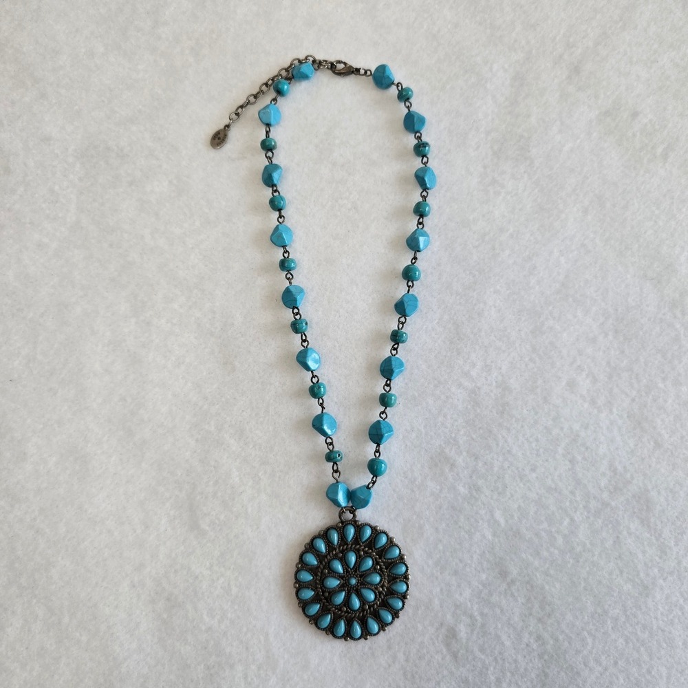 Robert Rose Beaded Necklace Silver Tone Floral Medallion Pendant Boho